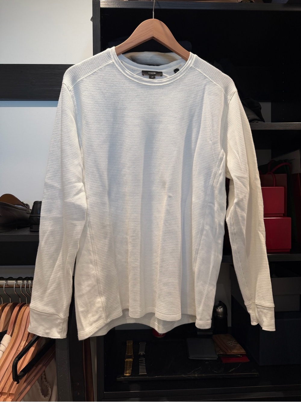 VINCE Men's Long-Sleeve Waffle Crewneck Shirt - White